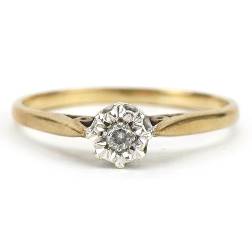 2181 - 9ct gold diamond solitaire ring, size R, 1.6g