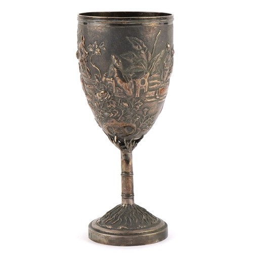 16 - Chinese silver goblet embossed with figures and musicians in a courtyard, 19cm high, 229.4g