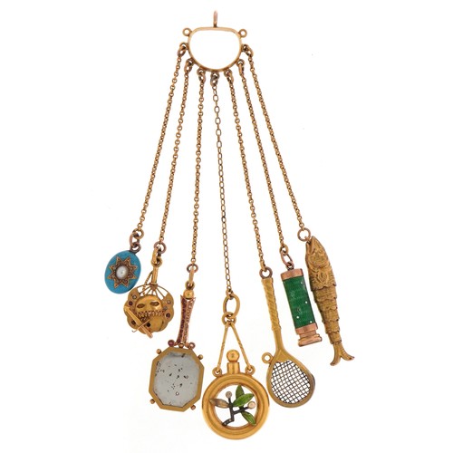 2006 - Antique 22ct gold chatelaine with six gold implements and pendants and a yellow metal articulated fi... 