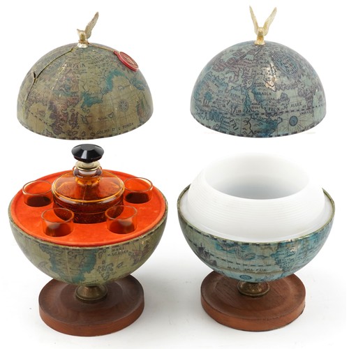 573 - Novelty Golden Crown amber glass liqueur set and ice bucket in the form of table globes, 28.5cm high