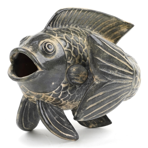 728 - Continental pottery vase in the form of a stylised fish, 28cm high