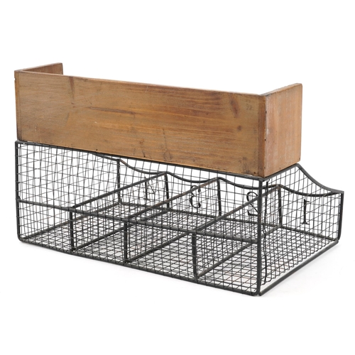 716 - Industrial style hardwood and iron desk tidy, 25cm H x 40cm W x 25cm D