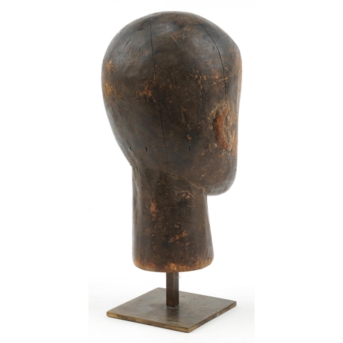 339 - 18th/19th century European treen hat or wig stand raised on later bronze stand, overall 40cm high