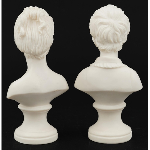 764 - Pair of Italian marble style busts of a Parisian boy and Parisian girl, the largest 20cm high