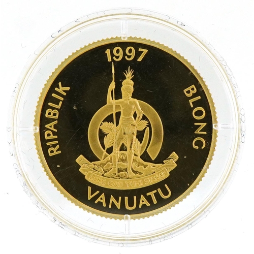 11 - 1997 Vanuatu Queen Elizabeth The Queen Mother Lady of The Century gold proof one hundred Vatu with f... 
