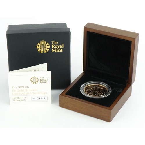 Elizabeth II 2009 five pound gold brilliant uncirculated sovereign with fitted case, box and certificate of authenticity numbered 0885 - this lot is sold without buyer’s premium, the hammer price is the price you pay