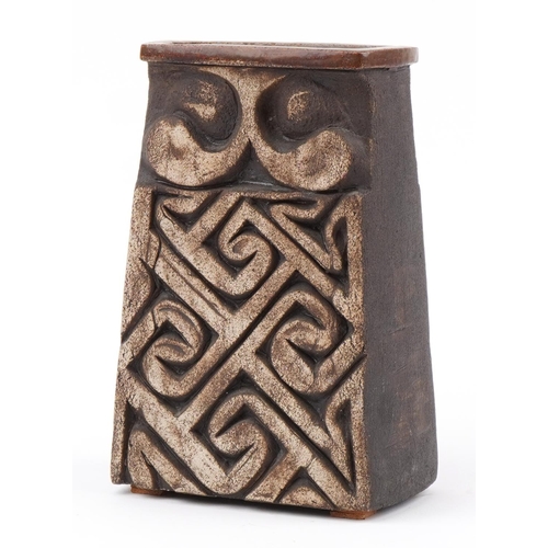 724 - Large mid century design studio pottery slab vase with incised stylised motifs, 29cm high