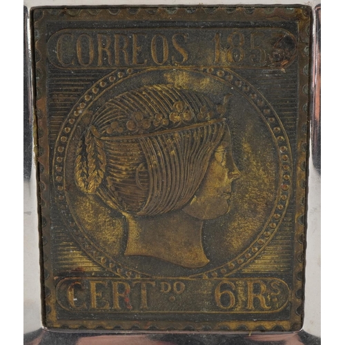 632 - Spanish mid century style dish with inset bronze plaque in the form of Correos 1853 stamp, 18cm wide