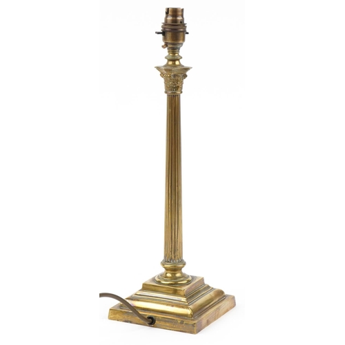 334 - 19th century brass table lamp with reeded column on stepped square base, 41cm high