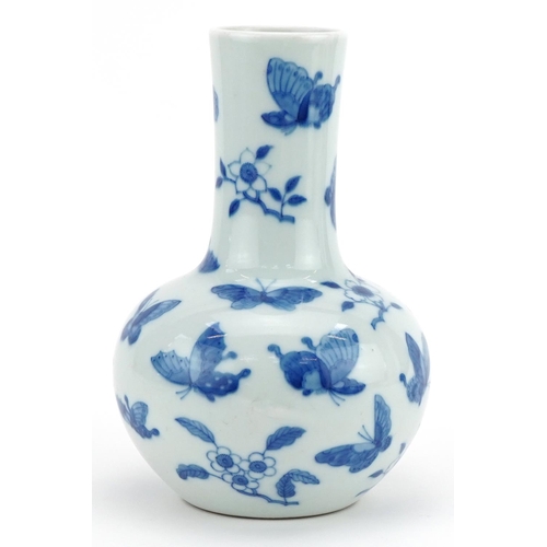 397 - Chinese blue and white porcelain vase hand painted with butterflies amongst flowers, four figure cha... 