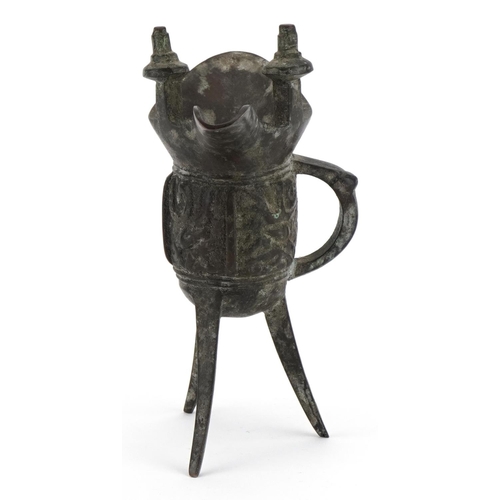 507 - Chinese archaic style patinated bronze wine vessel, 15.5cm high