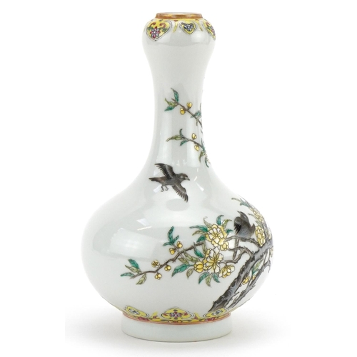 152 - Chinese porcelain garlic head vase hand painted in the famille rose palette with two birds amongst b... 