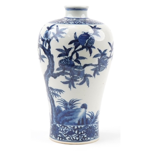 355 - Chinese blue and white porcelain Meiping vase hand painted with birds amongst fruiting trees, four f... 