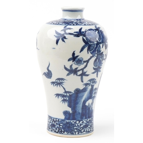 355 - Chinese blue and white porcelain Meiping vase hand painted with birds amongst fruiting trees, four f... 