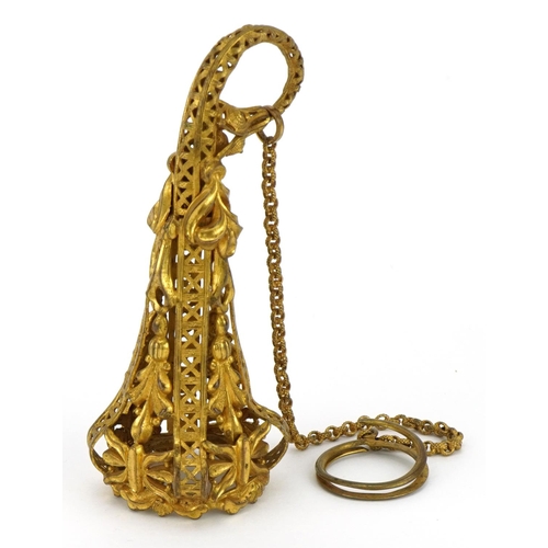 84 - 19th century gilt metal posy holder with chain, 8.5cm in length excluding the chain