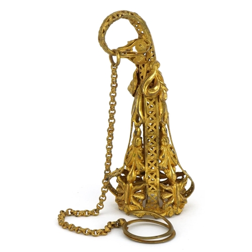 84 - 19th century gilt metal posy holder with chain, 8.5cm in length excluding the chain