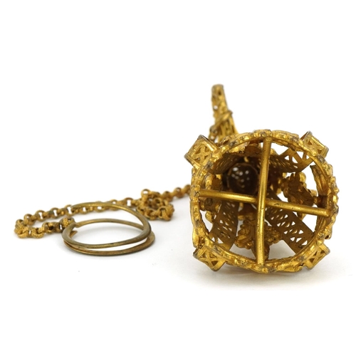 84 - 19th century gilt metal posy holder with chain, 8.5cm in length excluding the chain