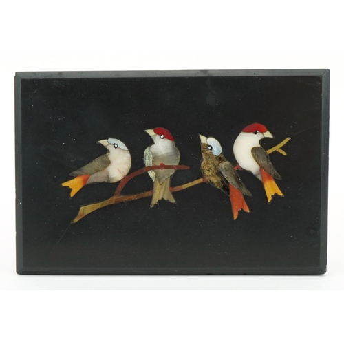 91 - Italian pietra dura slate panel inlaid with four birds on a branch, 12.5cm x 8cm