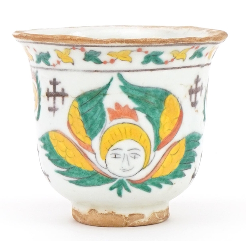 69 - Turkish Ottoman Armenian religious cup hand painted with faces, 10cm in diameter