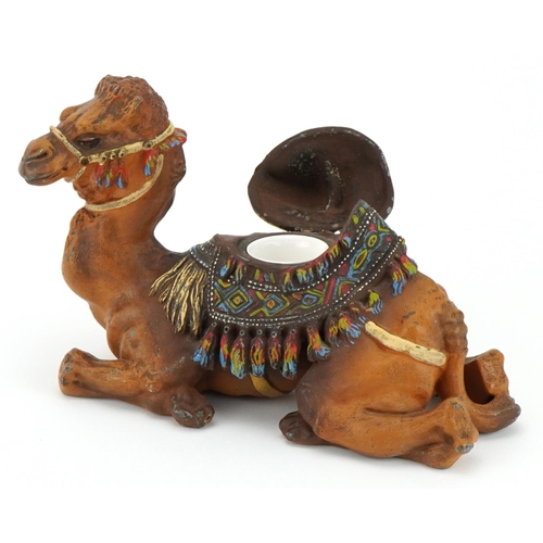 177 - Manner of Franz Xaver Bergmann, cold painted metal inkwell in the form of a camel with ceramic liner... 