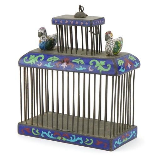 104 - Chinese white metal and cloisonne cricket cage surmounted with two ducks, 18cm H x 15cm W x 7.5cm D