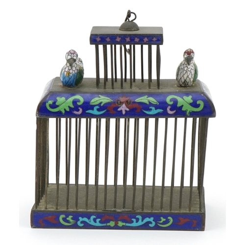 104 - Chinese white metal and cloisonne cricket cage surmounted with two ducks, 18cm H x 15cm W x 7.5cm D