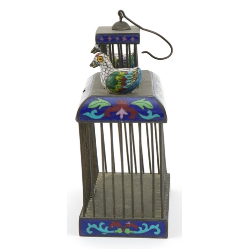 104 - Chinese white metal and cloisonne cricket cage surmounted with two ducks, 18cm H x 15cm W x 7.5cm D