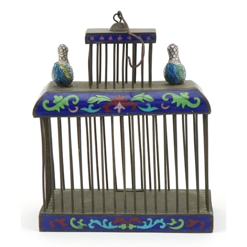 104 - Chinese white metal and cloisonne cricket cage surmounted with two ducks, 18cm H x 15cm W x 7.5cm D