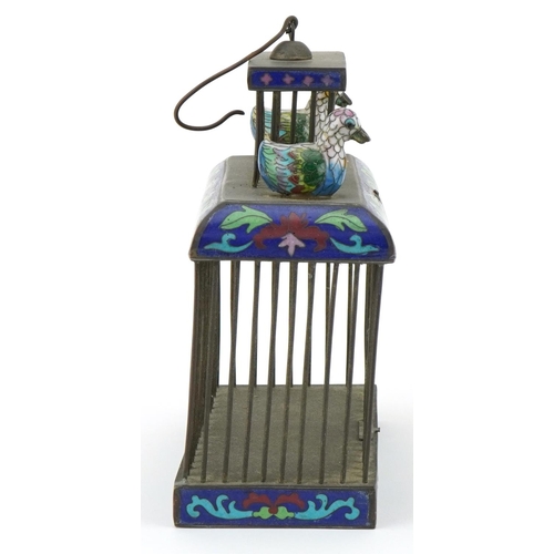 104 - Chinese white metal and cloisonne cricket cage surmounted with two ducks, 18cm H x 15cm W x 7.5cm D