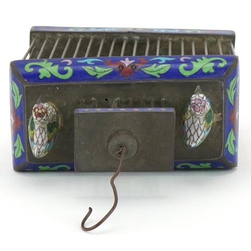 104 - Chinese white metal and cloisonne cricket cage surmounted with two ducks, 18cm H x 15cm W x 7.5cm D