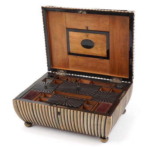 71 - Anglo Indian sandalwood and horn workbox with fitted lift out interior, possibly rhinoceros horn, 24... 