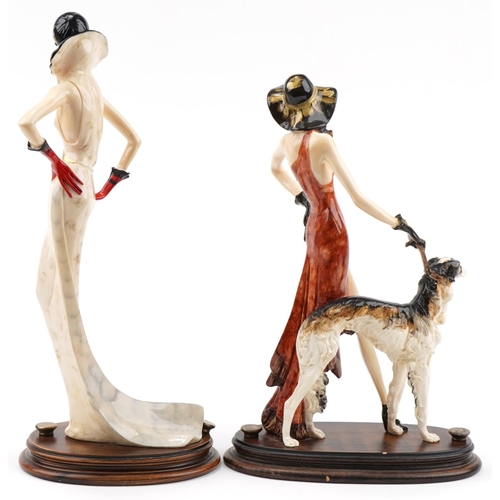 557 - After Amilcare Santini, two Art Deco style hand painted figure groups including one of a female with... 