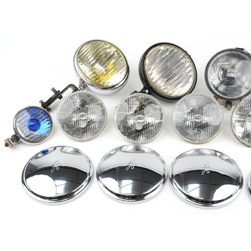 413 - Collection of vintage car headlamps including Lucas, Nearlite and Fog Master together with a set of ... 