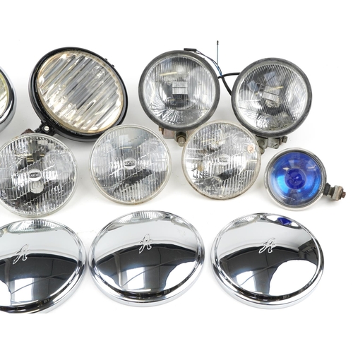 413 - Collection of vintage car headlamps including Lucas, Nearlite and Fog Master together with a set of ... 