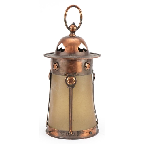 61 - Manner of John Pearson, Arts & Crafts copper hanging lantern with pierced love heart motifs, 36cm hi... 