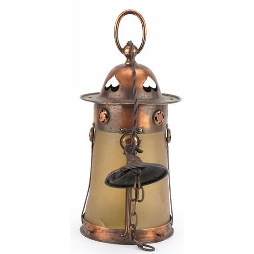 61 - Manner of John Pearson, Arts & Crafts copper hanging lantern with pierced love heart motifs, 36cm hi... 