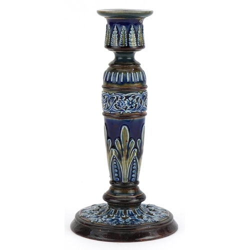 181 - Eliza Simmance for Doulton Lambeth, Art Nouveau candlestick hand painted and decorated in low relief... 