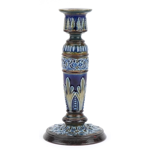 181 - Eliza Simmance for Doulton Lambeth, Art Nouveau candlestick hand painted and decorated in low relief... 