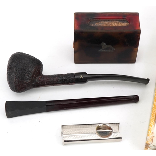 344 - Smoking items including Habana cigars, Stanwell pipe and a faux tortoiseshell Wembley Exhibition mat... 