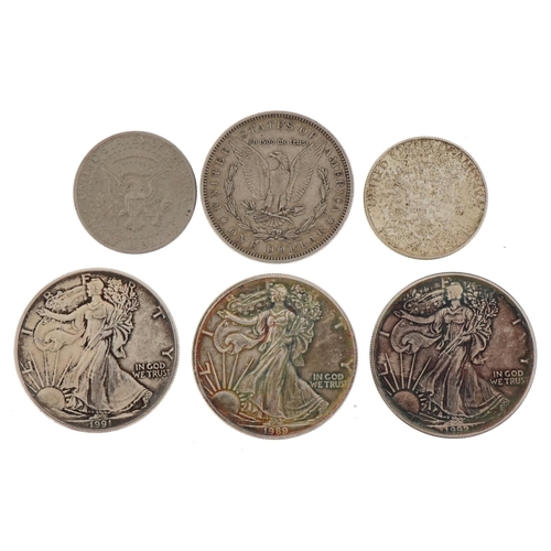 1754 - American coins comprising 1880, 1989, 1991 and 1992 silver dollars and 1964 and 1980 half dollars