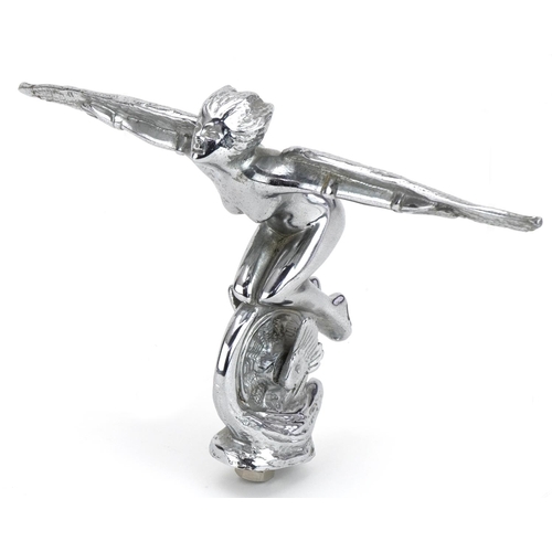 411 - Early 20th century chrome plated car mascot in the form of a winged angel on winged wheel impressed ... 