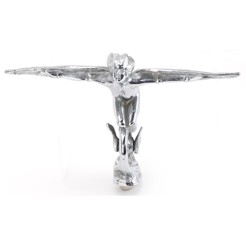 411 - Early 20th century chrome plated car mascot in the form of a winged angel on winged wheel impressed ... 