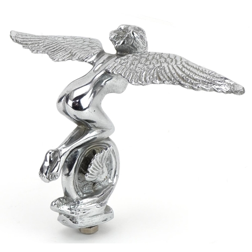 411 - Early 20th century chrome plated car mascot in the form of a winged angel on winged wheel impressed ... 