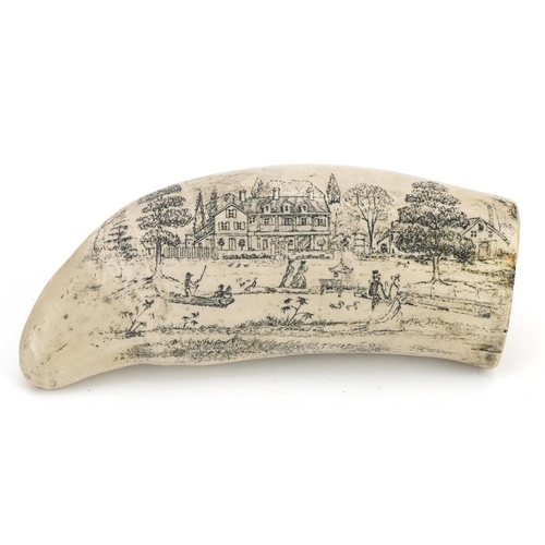 773 - Reproduction scrimshaw tusk decorated with a ship and landscape, 15cm wide