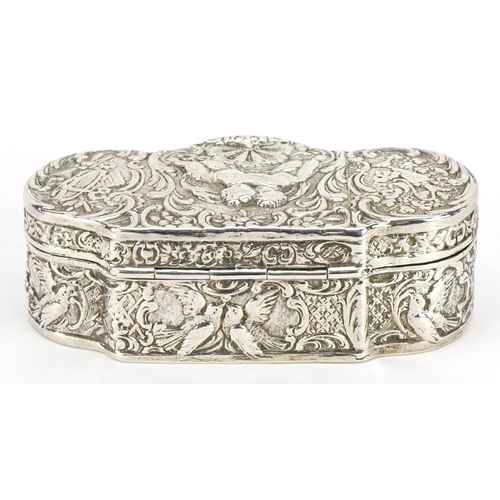 146 - Antique German silver box with hinged lid profusely embossed with Putti and birds amongst foliage, i... 