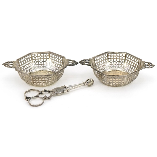 437 - Mappin & Webb, pair of Art Deco octagonal silver bonbon dishes and a pair of antique silver sugar to... 