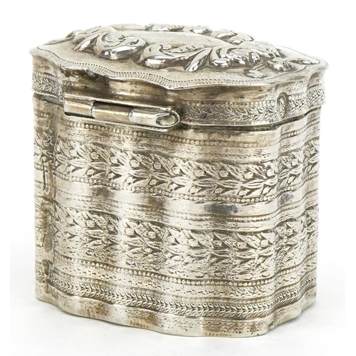 380 - Antique Dutch silver trinket with hinged lid embossed and engraved with flowers, indistinct impresse... 