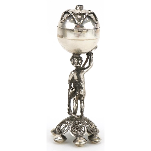 260 - Russian silver caster with hinged lid and Putti support, impressed Russian marks, 11cm high, 60.5g