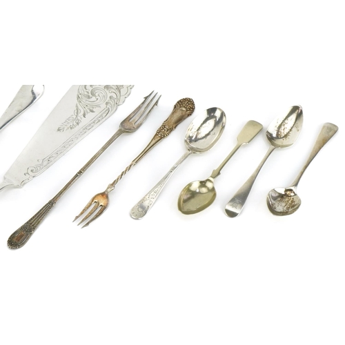 526 - Georgian and later silver flatware including fish servers and teaspoons, various hallmarks, the larg... 