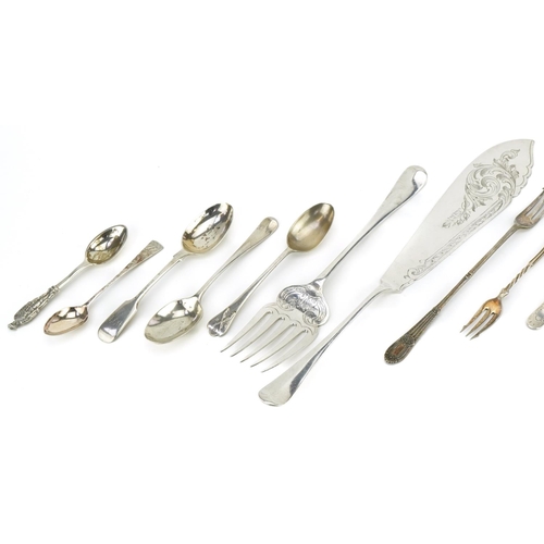 526 - Georgian and later silver flatware including fish servers and teaspoons, various hallmarks, the larg... 